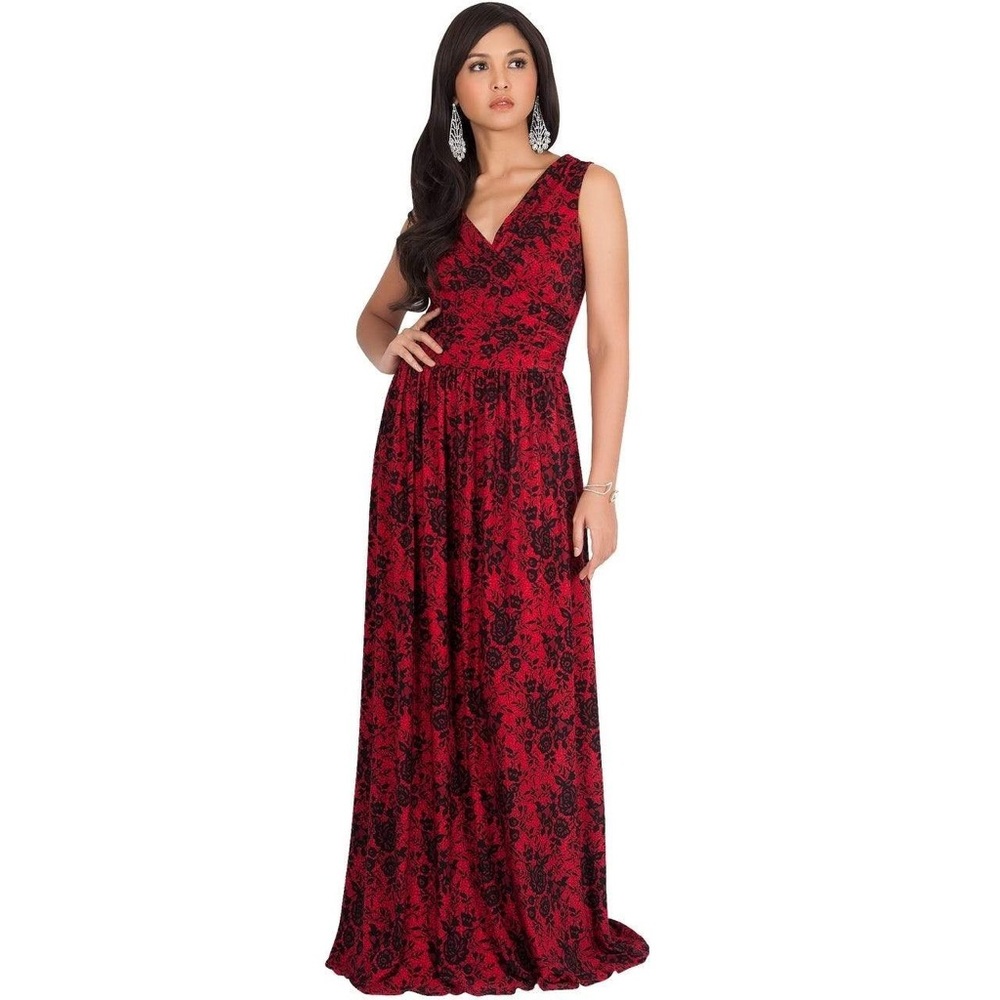 KOH KOH Long Lace Floral Print Sleeveless Gown